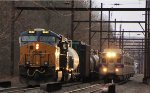 CSX 3042 on Q404 and a SEPTA local race each other towards Yardley station.